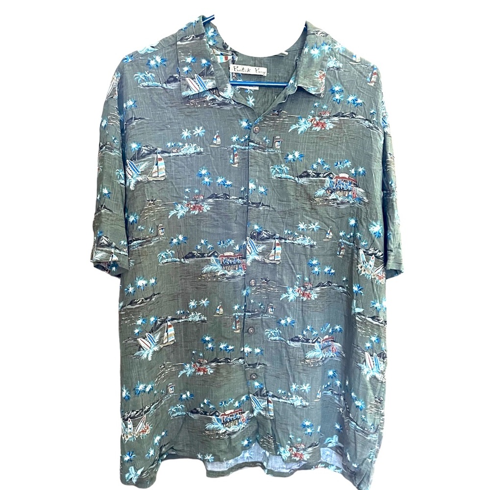 Batik Bay Mens Hawaiian Shirt 2XL Tall Blue Palm Trees Cars Beach Short Sleeve